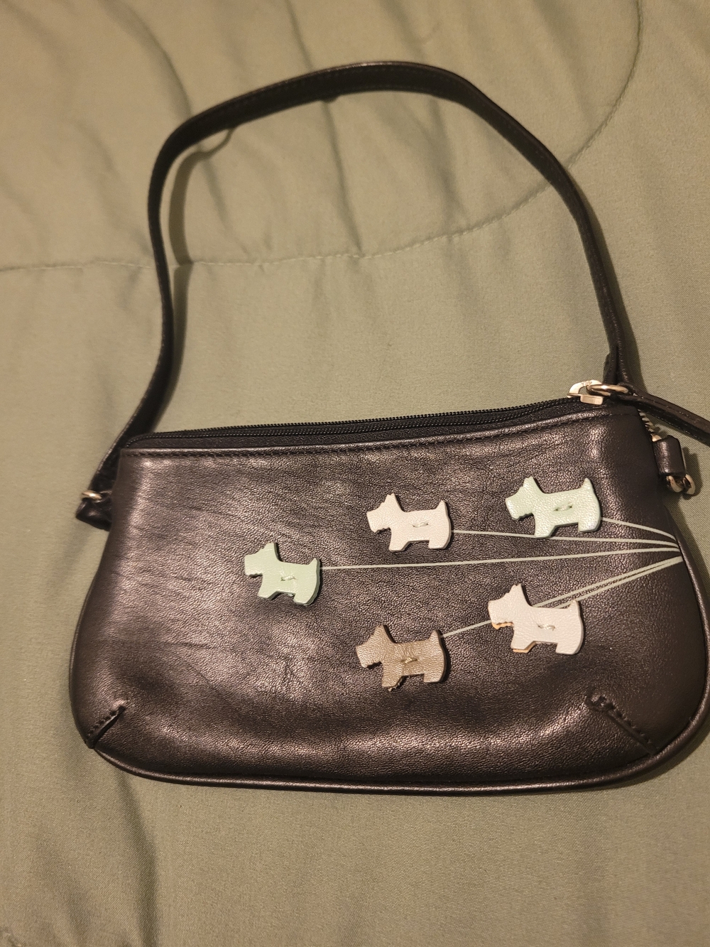 Radley LONDON Black Leather Wristlet Bag with Pastel Dog Appliqués